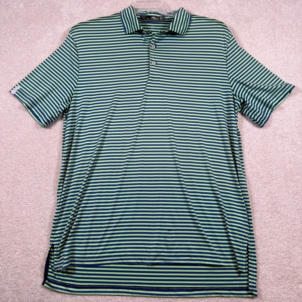 RLX Ralph Lauren Golf Polo Shirt Mens‎ Medium Striped Performance Blue Green